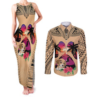 Personalised Polynesian Couples Matching Tank Maxi Dress and Long Sleeve Button Shirts Dog Lover With Beagle - Sunset At The Beach LT7 - Wonder Print Shop