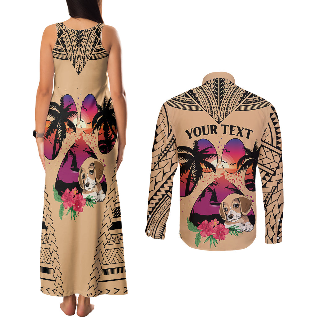 Personalised Polynesian Couples Matching Tank Maxi Dress and Long Sleeve Button Shirts Dog Lover With Beagle - Sunset At The Beach LT7 - Wonder Print Shop