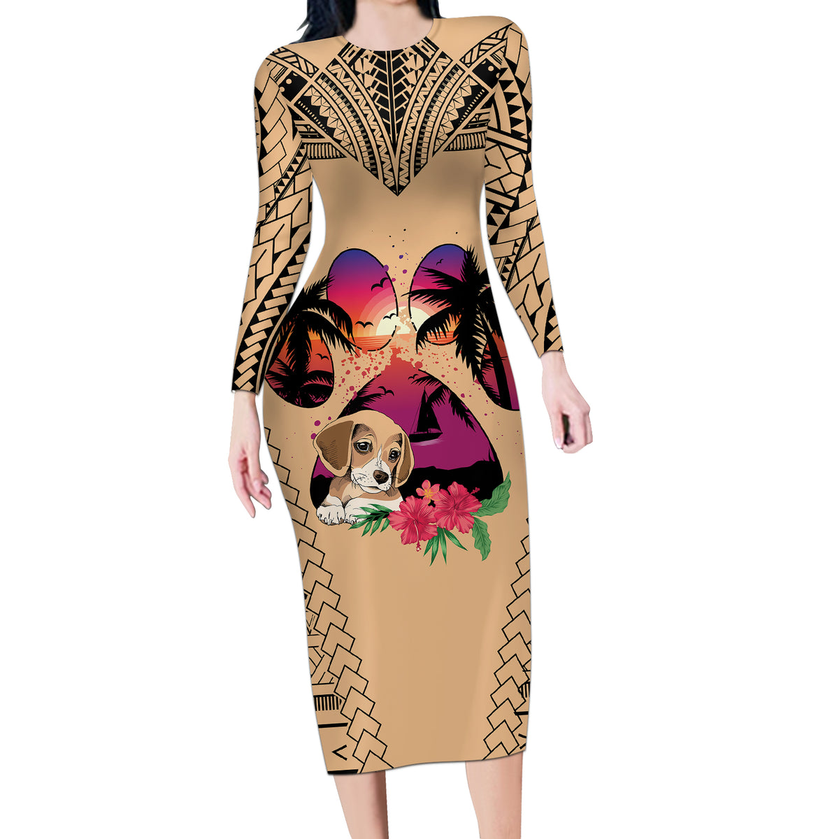 Personalised Polynesian Long Sleeve Bodycon Dress Dog Lover With Beagle - Sunset At The Beach - Wonder Print Shop