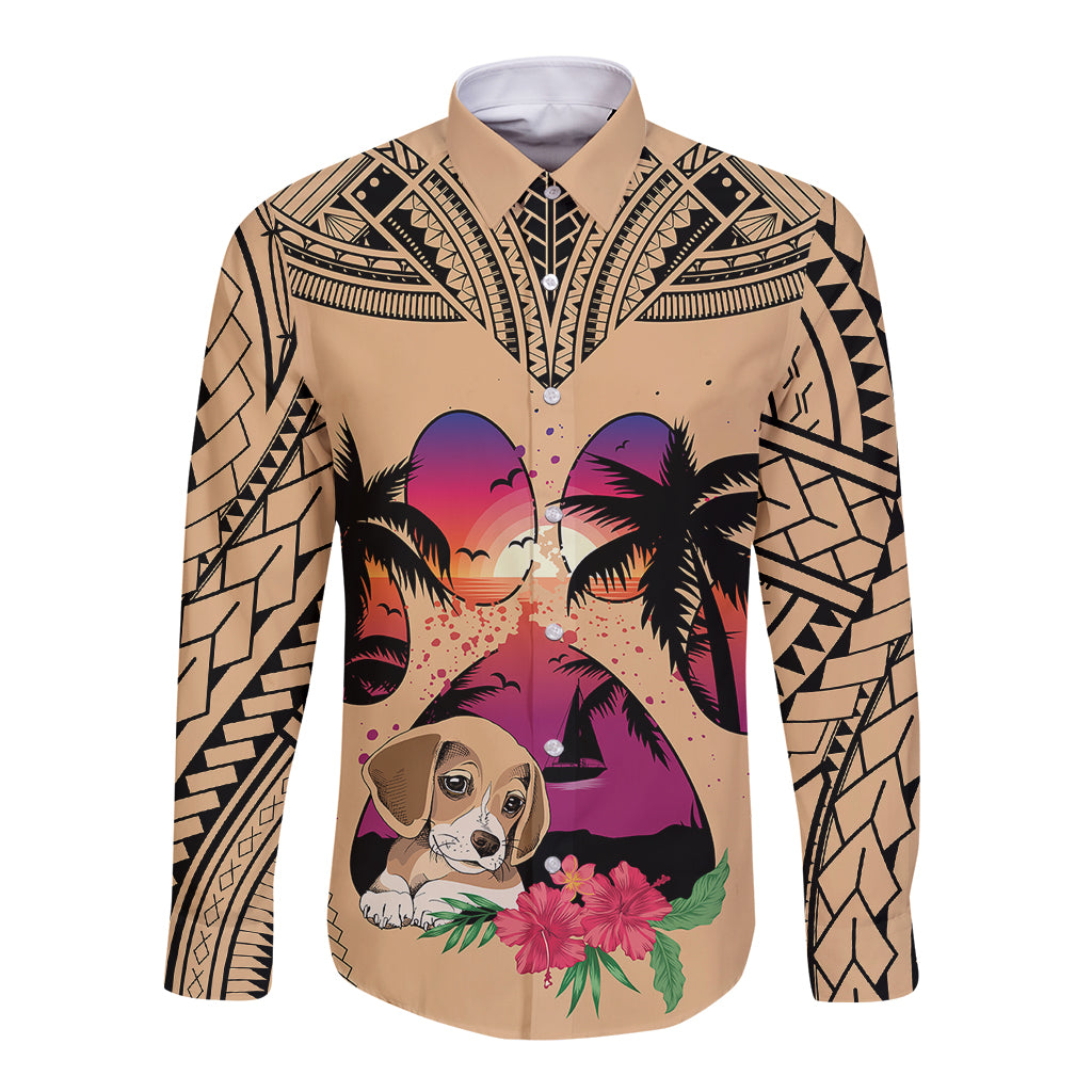 Personalised Polynesian Long Sleeve Button Shirt Dog Lover With Beagle - Sunset At The Beach - Wonder Print Shop