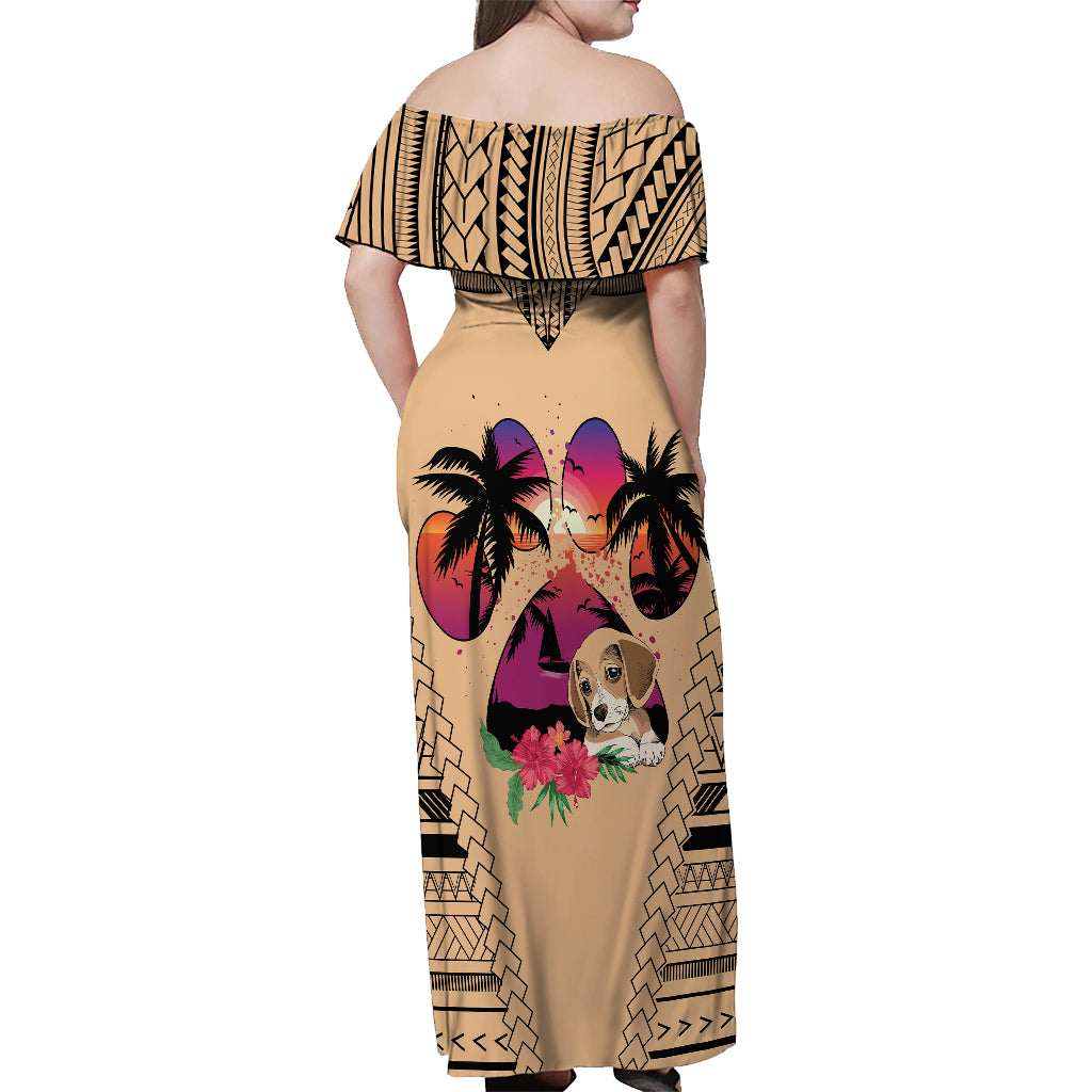 Personalised Polynesian Off Shoulder Maxi Dress Dog Lover With Beagle - Sunset At The Beach - Wonder Print Shop