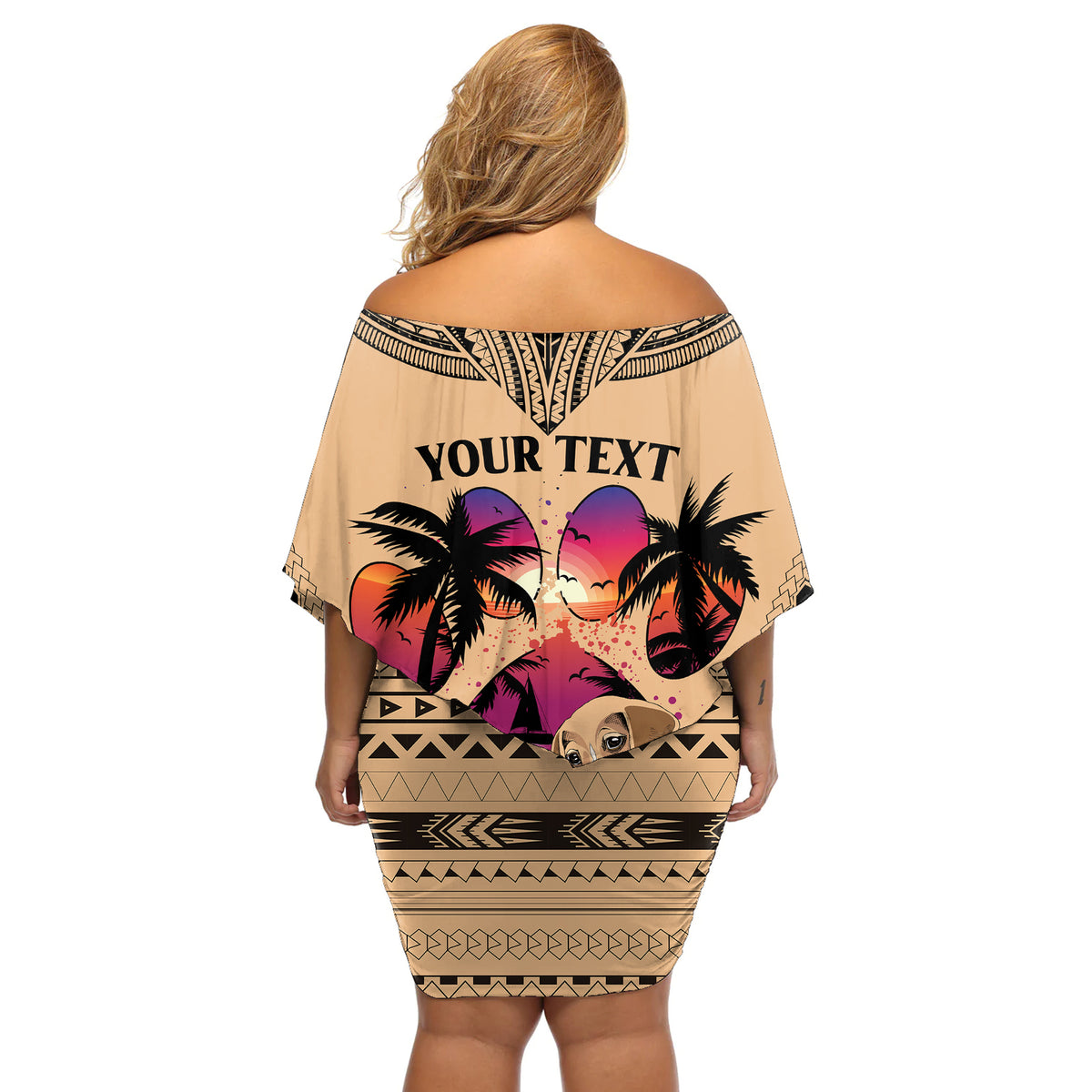 Personalised Polynesian Off Shoulder Short Dress Dog Lover With Beagle - Sunset At The Beach - Wonder Print Shop