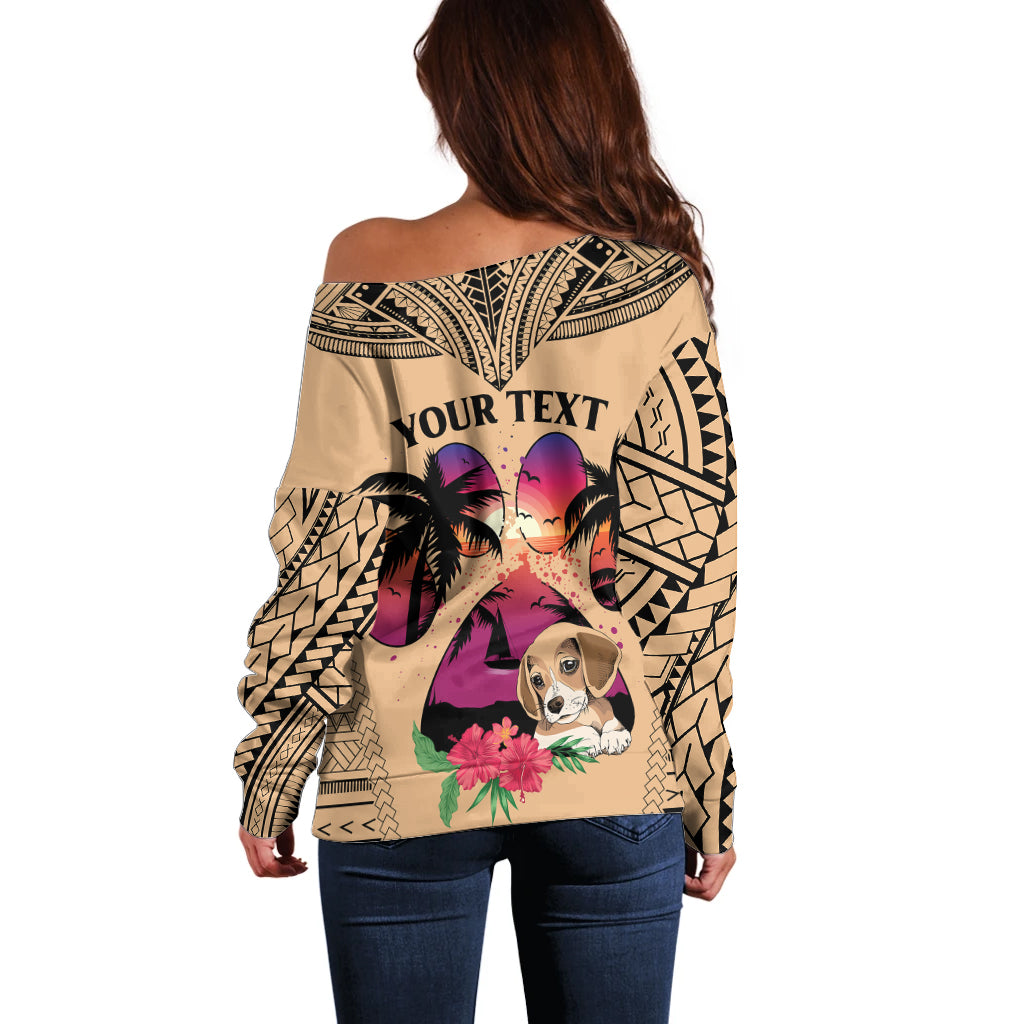 Personalised Polynesian Off Shoulder Sweater Dog Lover With Beagle - Sunset At The Beach - Wonder Print Shop
