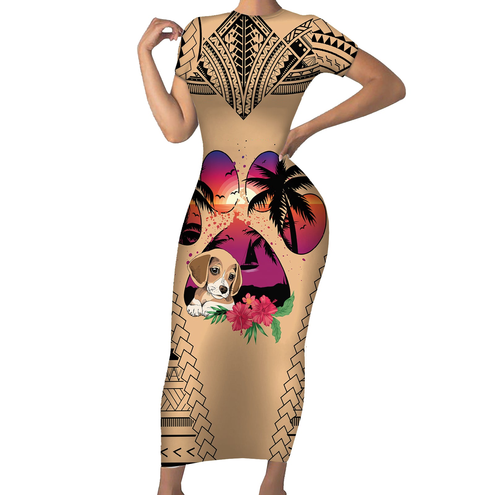 Personalised Polynesian Short Sleeve Bodycon Dress Dog Lover With Beagle - Sunset At The Beach - Wonder Print Shop
