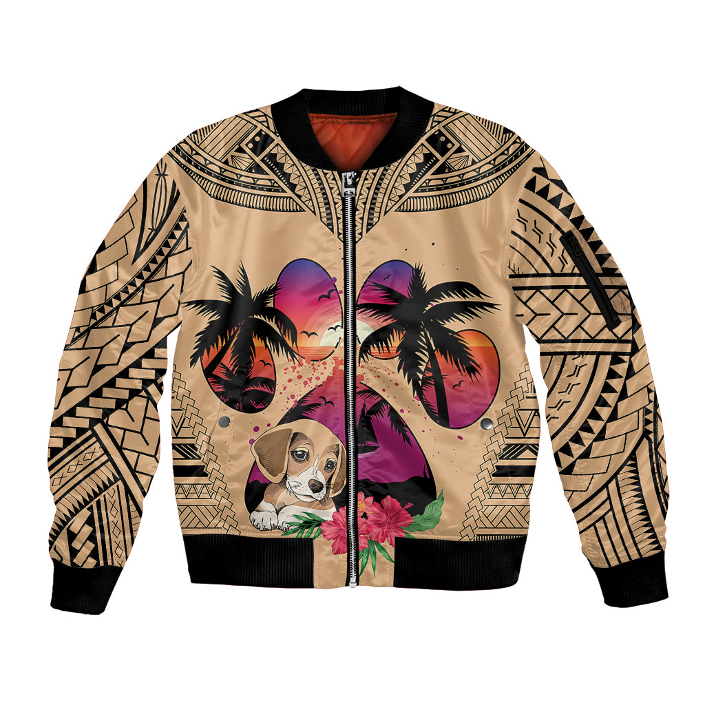 Personalised Polynesian Sleeve Zip Bomber Jacket Dog Lover With Beagle - Sunset At The Beach - Wonder Print Shop