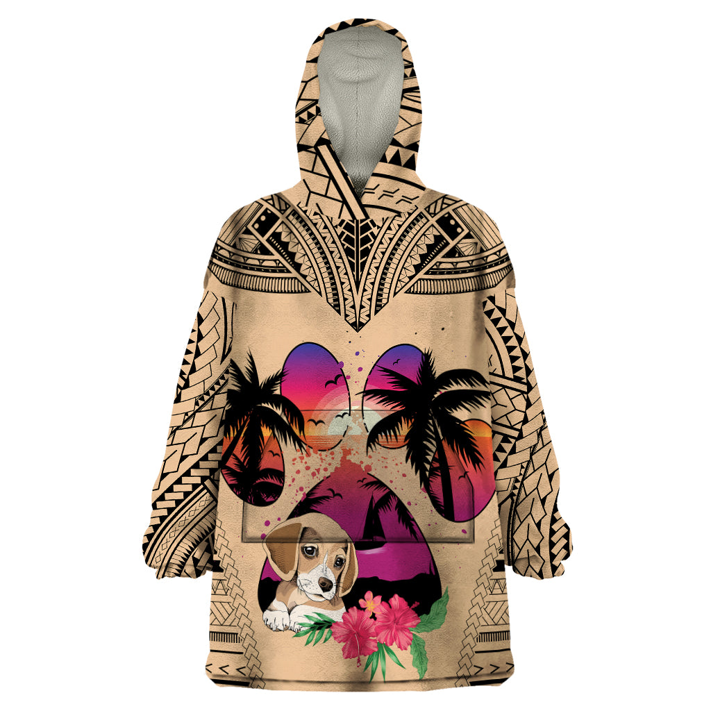 Personalised Polynesian Wearable Blanket Hoodie Dog Lover With Beagle - Sunset At The Beach - Wonder Print Shop