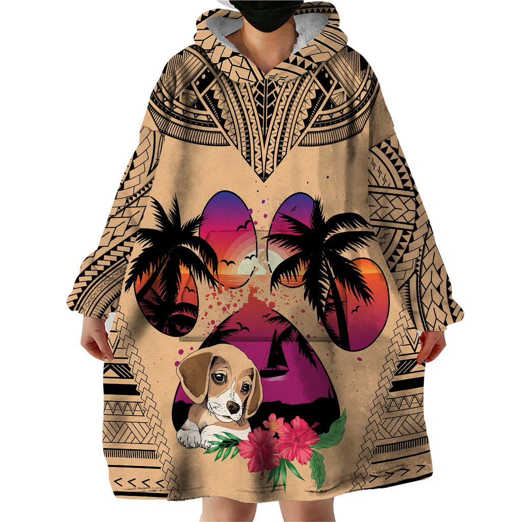 Personalised Polynesian Wearable Blanket Hoodie Dog Lover With Beagle - Sunset At The Beach - Wonder Print Shop