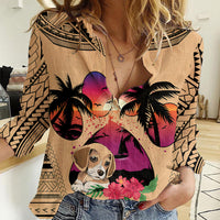 Personalised Polynesian Women Casual Shirt Dog Lover With Beagle - Sunset At The Beach - Wonder Print Shop