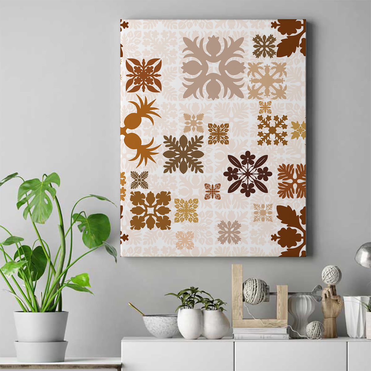 Vintage Hawaii Canvas Wall Art Hawaiian Quilt Kapa Mismatch Beige LT7 - Wonder Print Shop