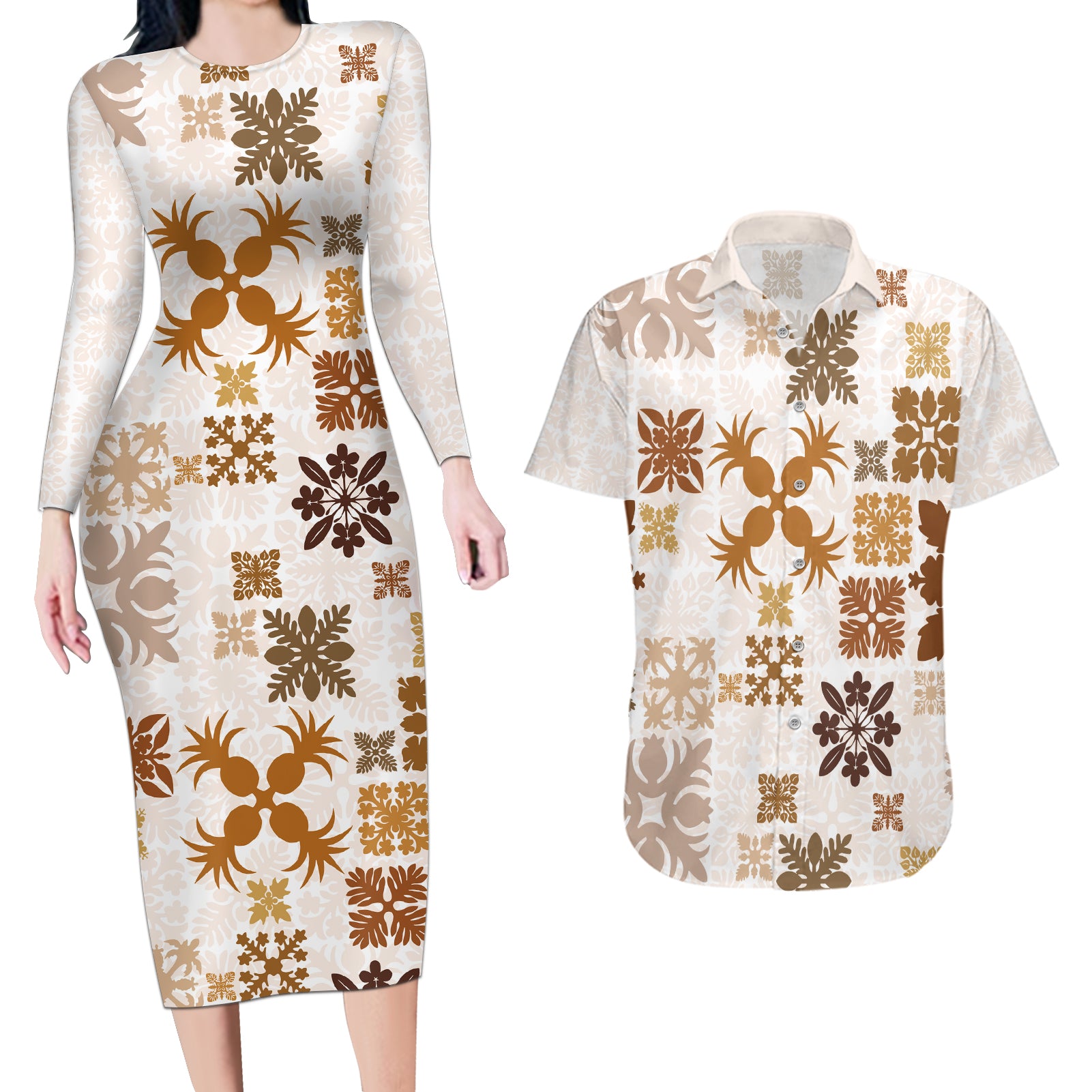 Vintage Hawaii Couples Matching Long Sleeve Bodycon Dress and Hawaiian Shirt Hawaiian Quilt Kapa Mismatch Beige LT7 - Wonder Print Shop
