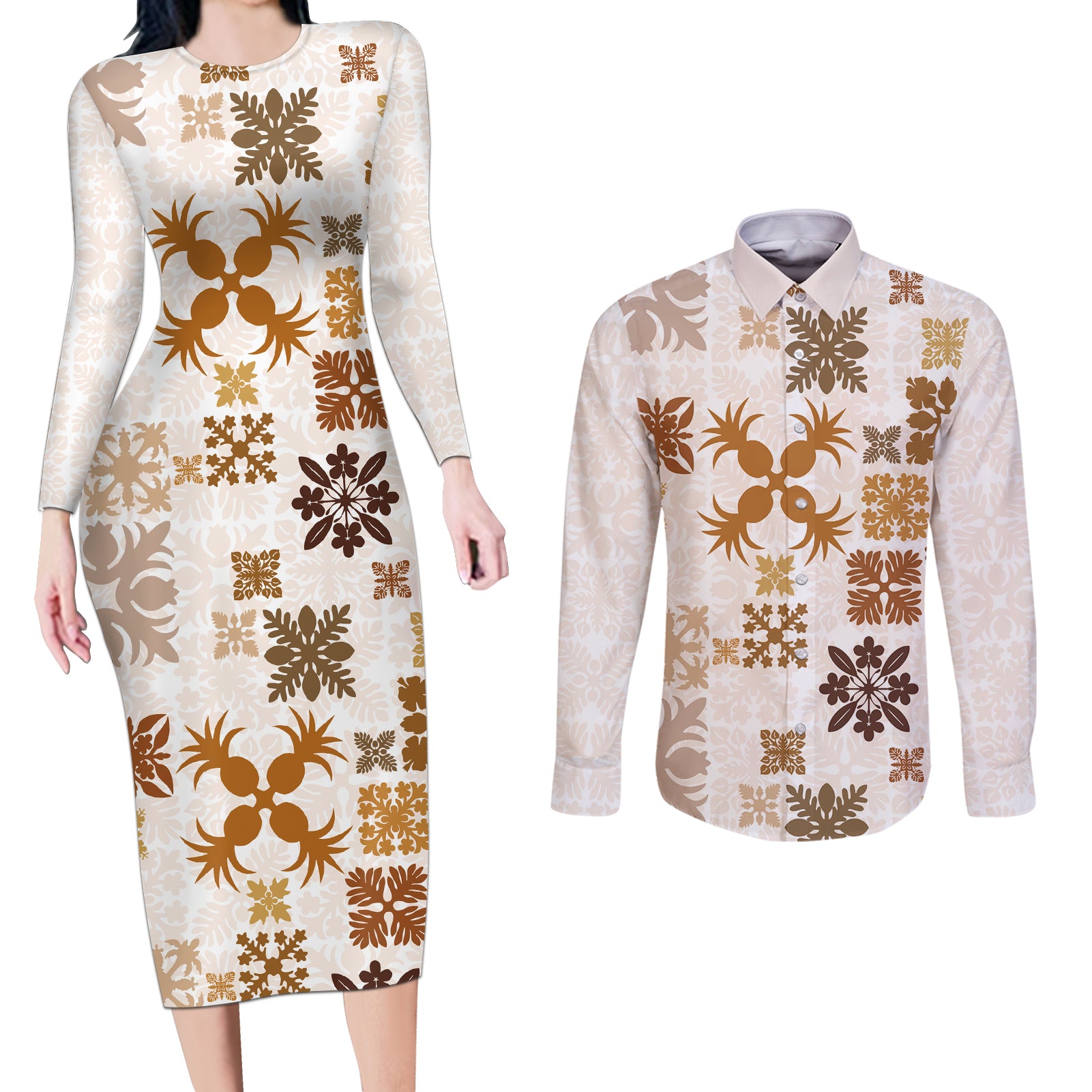Vintage Hawaii Couples Matching Long Sleeve Bodycon Dress and Long Sleeve Button Shirts Hawaiian Quilt Kapa Mismatch Beige LT7 - Wonder Print Shop