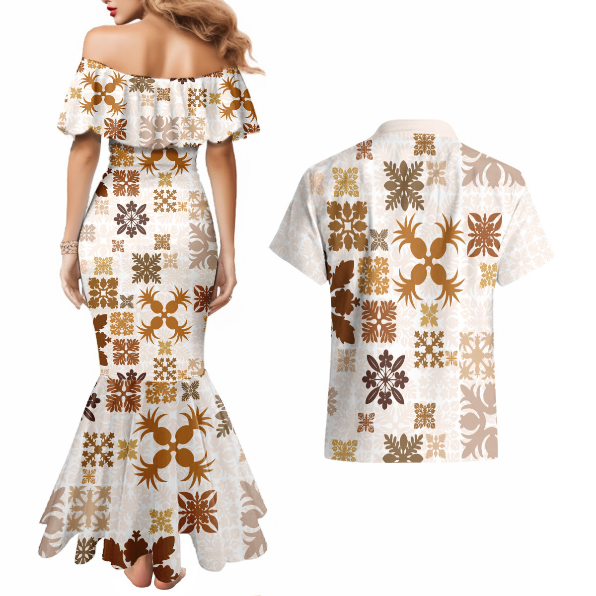 Vintage Hawaii Couples Matching Mermaid Dress and Hawaiian Shirt Hawaiian Quilt Kapa Mismatch Beige LT7 - Wonder Print Shop