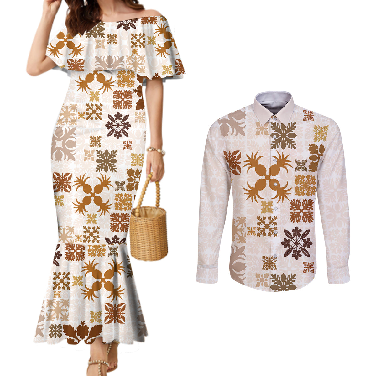vintage-hawaii-couples-matching-mermaid-dress-and-long-sleeve-button-shirts-hawaiian-quilt-kapa-mismatch-beige