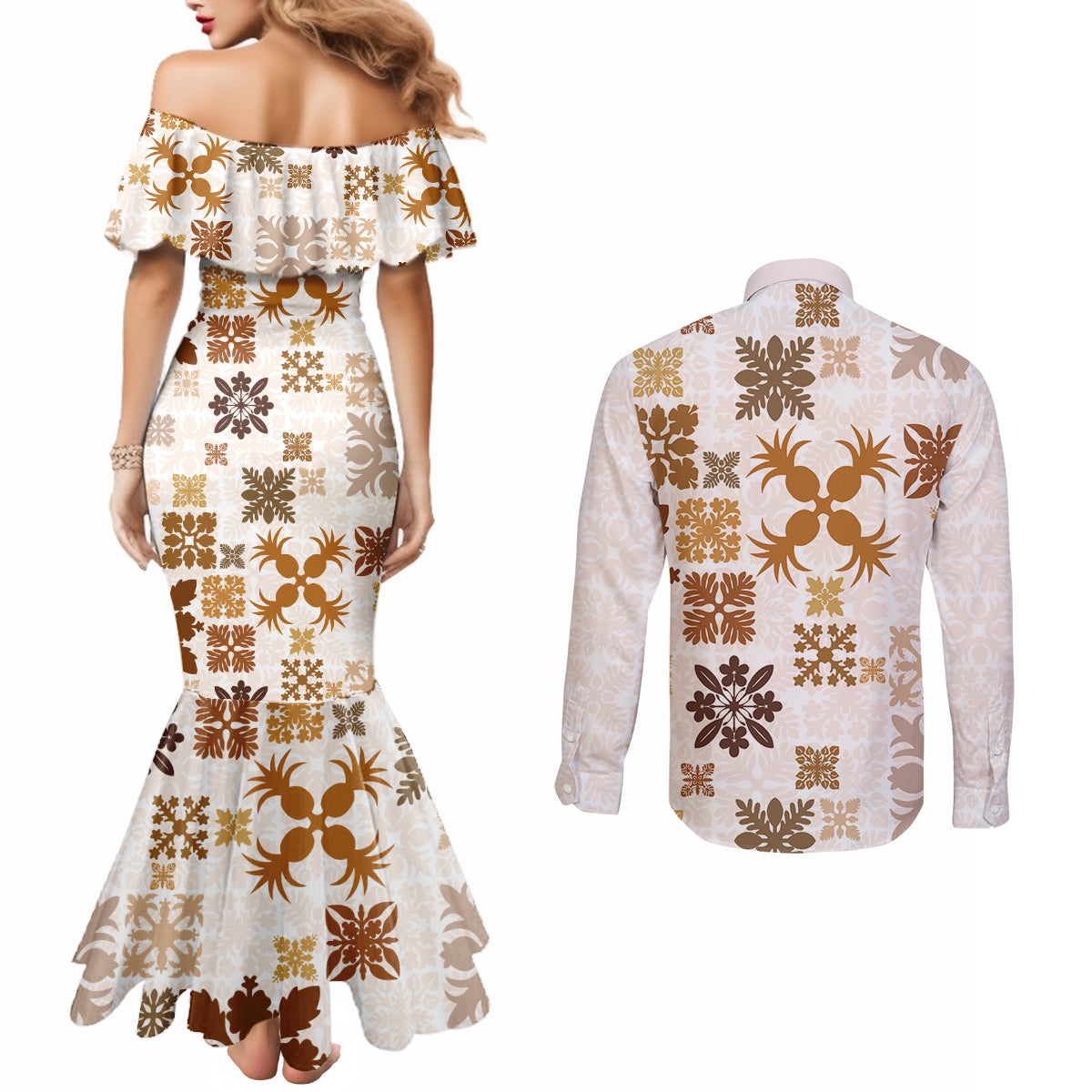 vintage-hawaii-couples-matching-mermaid-dress-and-long-sleeve-button-shirts-hawaiian-quilt-kapa-mismatch-beige
