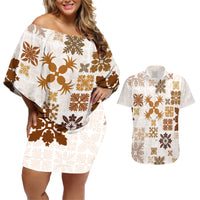 Vintage Hawaii Couples Matching Off Shoulder Short Dress and Hawaiian Shirt Hawaiian Quilt Kapa Mismatch Beige LT7 - Wonder Print Shop