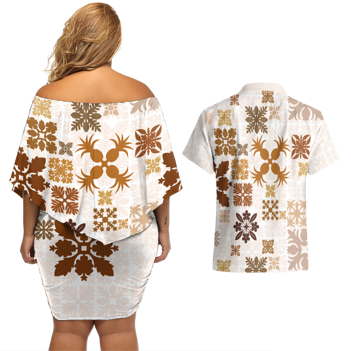 Vintage Hawaii Couples Matching Off Shoulder Short Dress and Hawaiian Shirt Hawaiian Quilt Kapa Mismatch Beige LT7 - Wonder Print Shop
