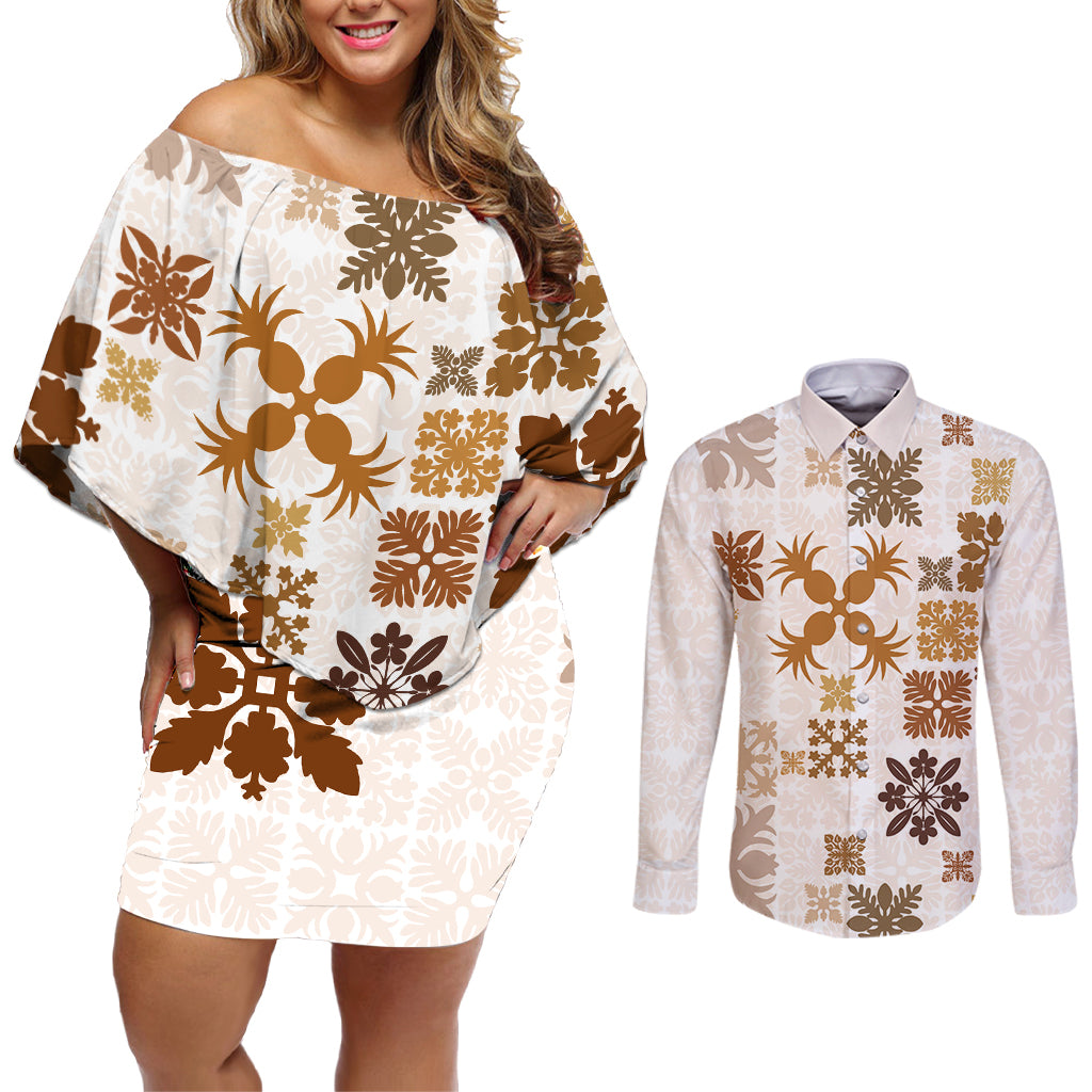 Vintage Hawaii Couples Matching Off Shoulder Short Dress and Long Sleeve Button Shirts Hawaiian Quilt Kapa Mismatch Beige LT7 - Wonder Print Shop