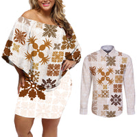 Vintage Hawaii Couples Matching Off Shoulder Short Dress and Long Sleeve Button Shirts Hawaiian Quilt Kapa Mismatch Beige LT7 - Wonder Print Shop
