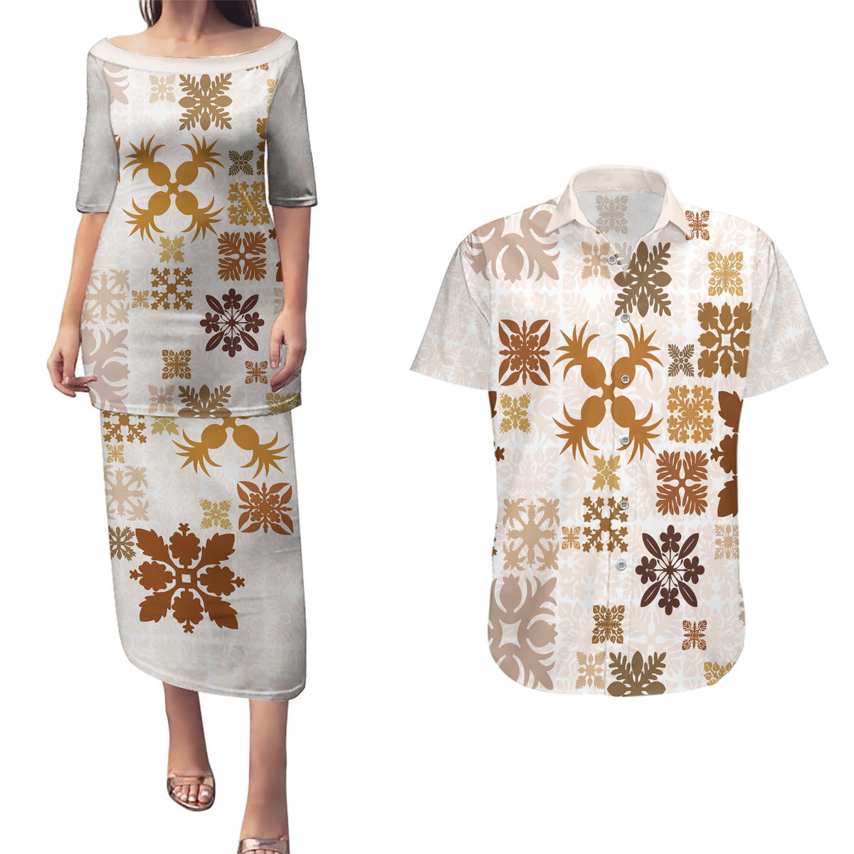 Vintage Hawaii Couples Matching Puletasi Dress and Hawaiian Shirt Hawaiian Quilt Kapa Mismatch Beige LT7 - Wonder Print Shop