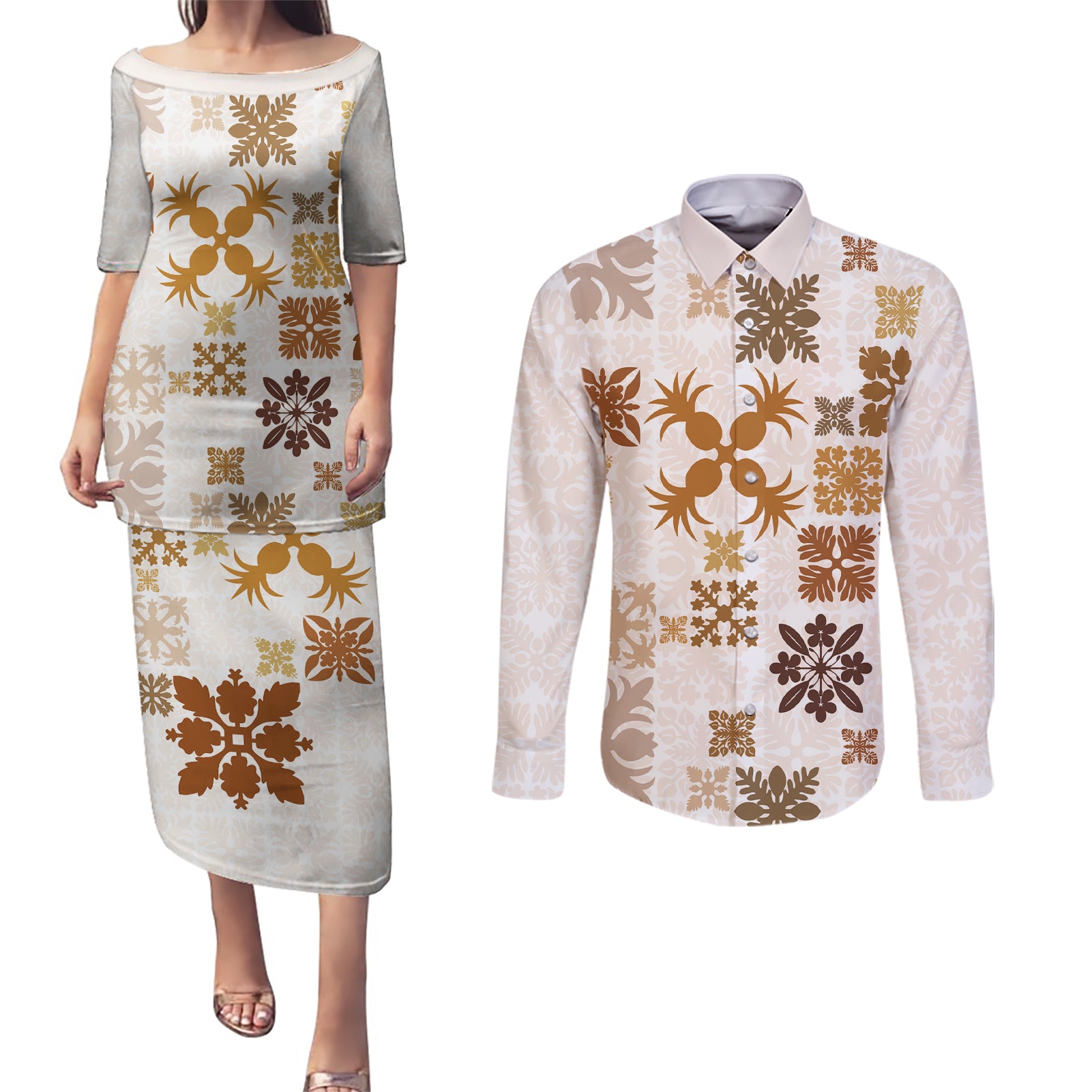 Vintage Hawaii Couples Matching Puletasi Dress and Long Sleeve Button Shirts Hawaiian Quilt Kapa Mismatch Beige LT7 - Wonder Print Shop