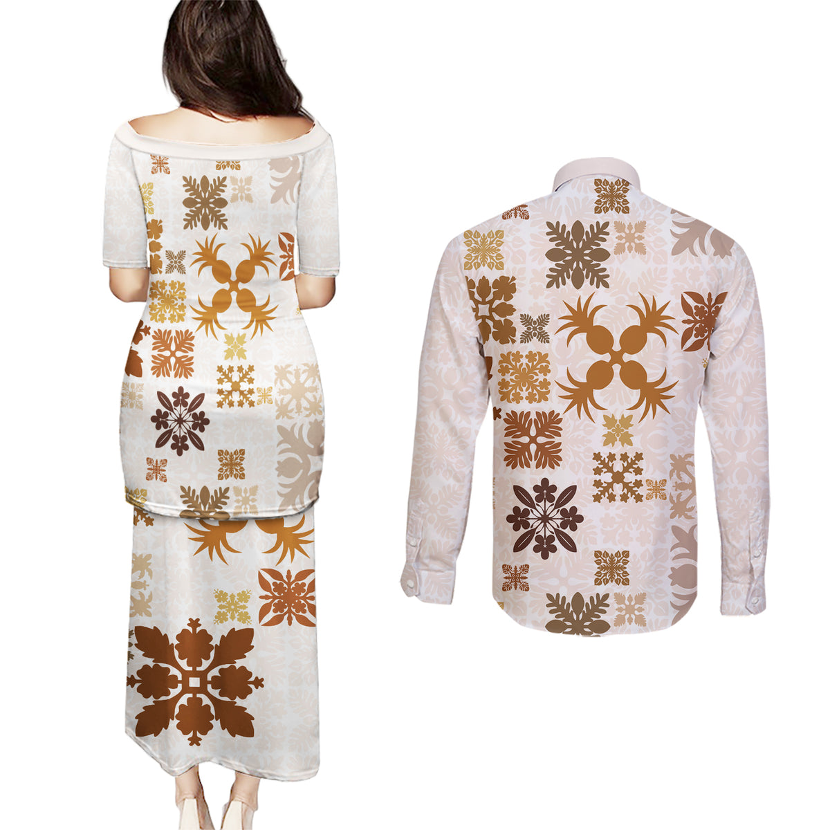Vintage Hawaii Couples Matching Puletasi Dress and Long Sleeve Button Shirts Hawaiian Quilt Kapa Mismatch Beige LT7 - Wonder Print Shop