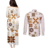 Vintage Hawaii Couples Matching Puletasi Dress and Long Sleeve Button Shirts Hawaiian Quilt Kapa Mismatch Beige LT7 - Wonder Print Shop