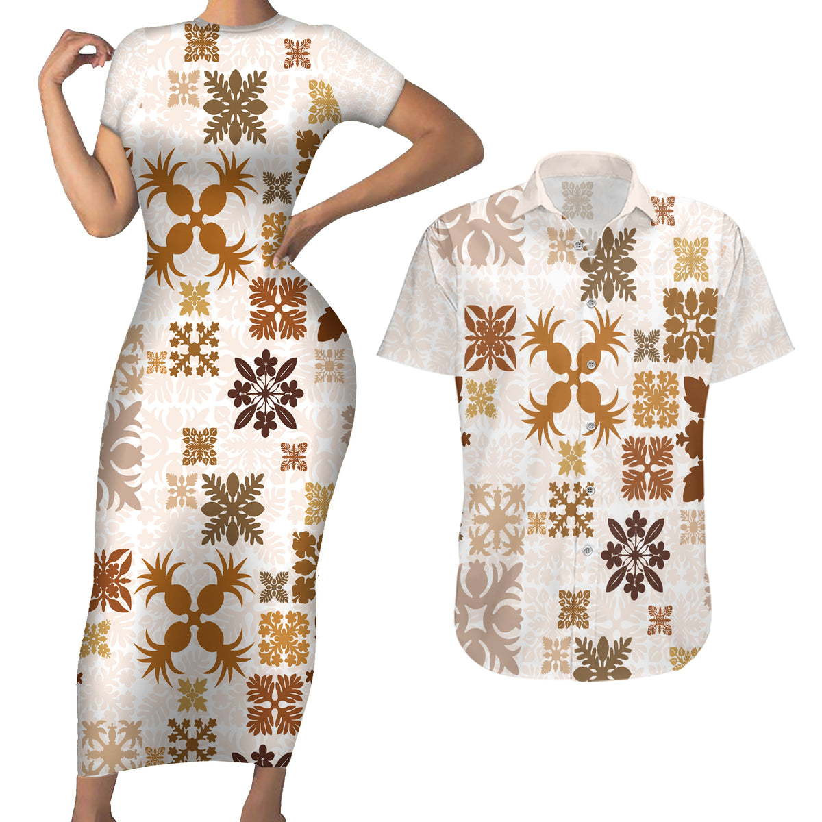 Vintage Hawaii Couples Matching Short Sleeve Bodycon Dress and Hawaiian Shirt Hawaiian Quilt Kapa Mismatch Beige LT7 - Wonder Print Shop