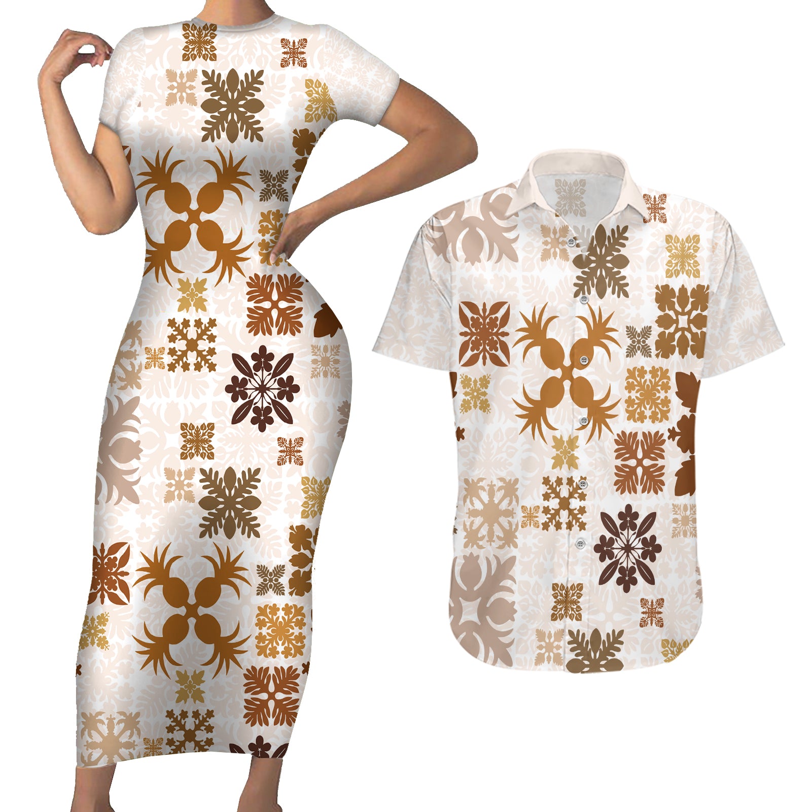 Vintage Hawaii Couples Matching Short Sleeve Bodycon Dress and Hawaiian Shirt Hawaiian Quilt Kapa Mismatch Beige LT7 - Wonder Print Shop