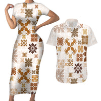 Vintage Hawaii Couples Matching Short Sleeve Bodycon Dress and Hawaiian Shirt Hawaiian Quilt Kapa Mismatch Beige LT7 - Wonder Print Shop