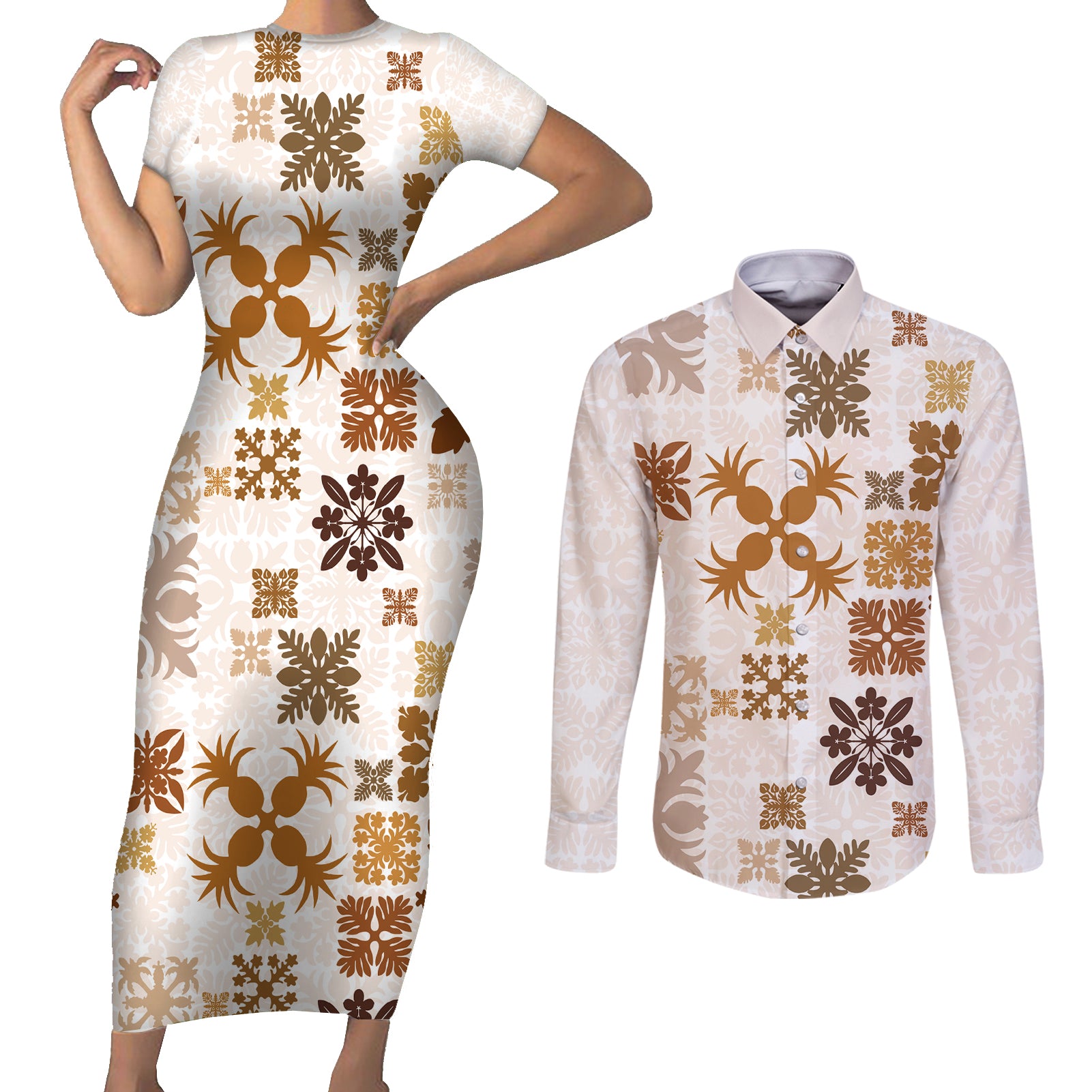 Vintage Hawaii Couples Matching Short Sleeve Bodycon Dress and Long Sleeve Button Shirts Hawaiian Quilt Kapa Mismatch Beige LT7 - Wonder Print Shop