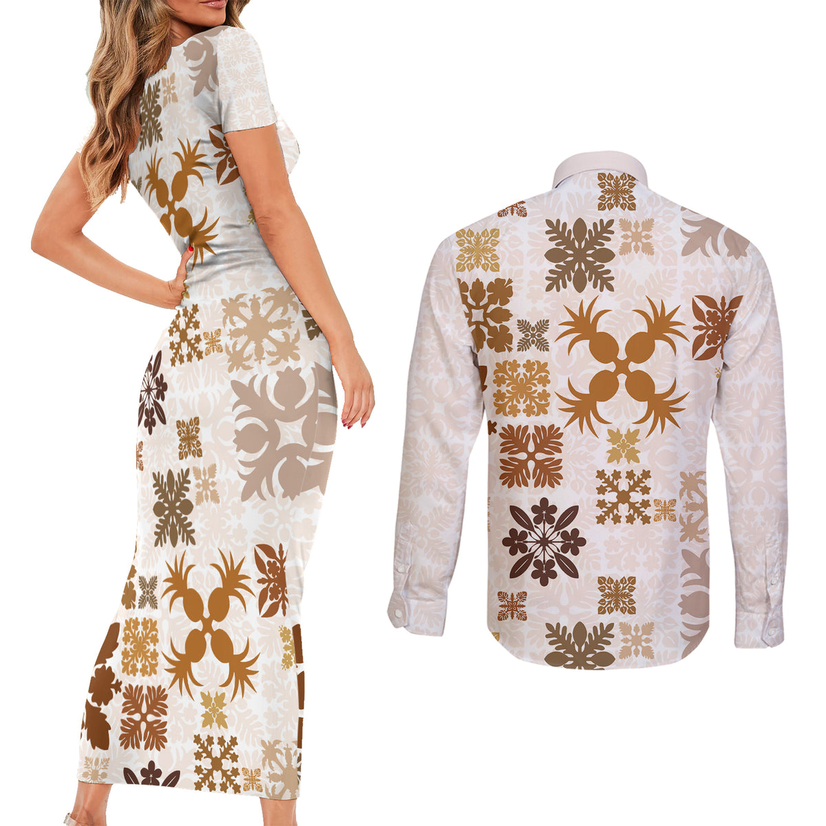 Vintage Hawaii Couples Matching Short Sleeve Bodycon Dress and Long Sleeve Button Shirts Hawaiian Quilt Kapa Mismatch Beige LT7 - Wonder Print Shop