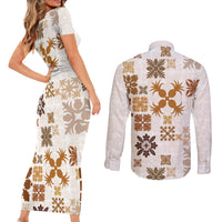 Vintage Hawaii Couples Matching Short Sleeve Bodycon Dress and Long Sleeve Button Shirts Hawaiian Quilt Kapa Mismatch Beige LT7 - Wonder Print Shop