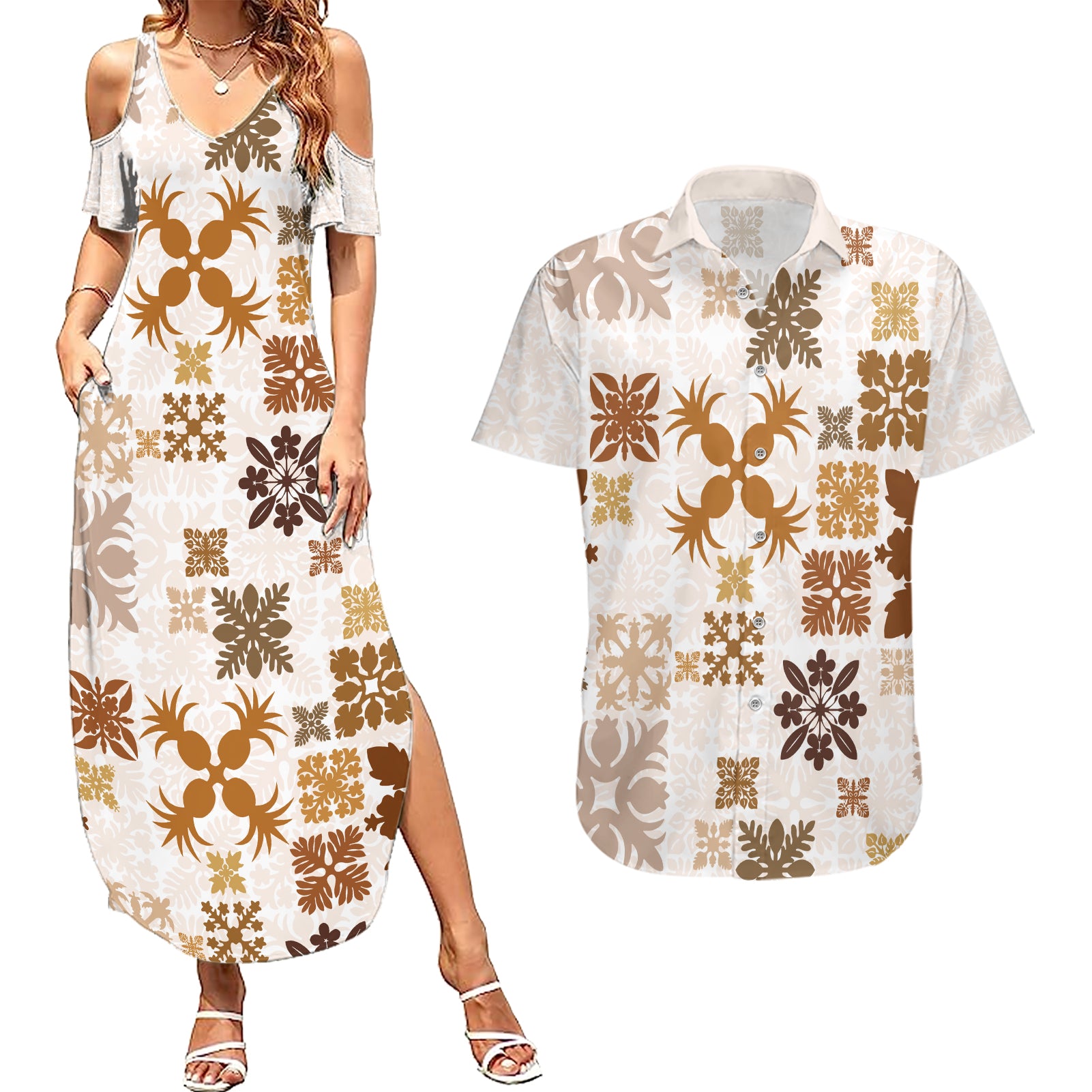 Vintage Hawaii Couples Matching Summer Maxi Dress and Hawaiian Shirt Hawaiian Quilt Kapa Mismatch Beige LT7 - Wonder Print Shop
