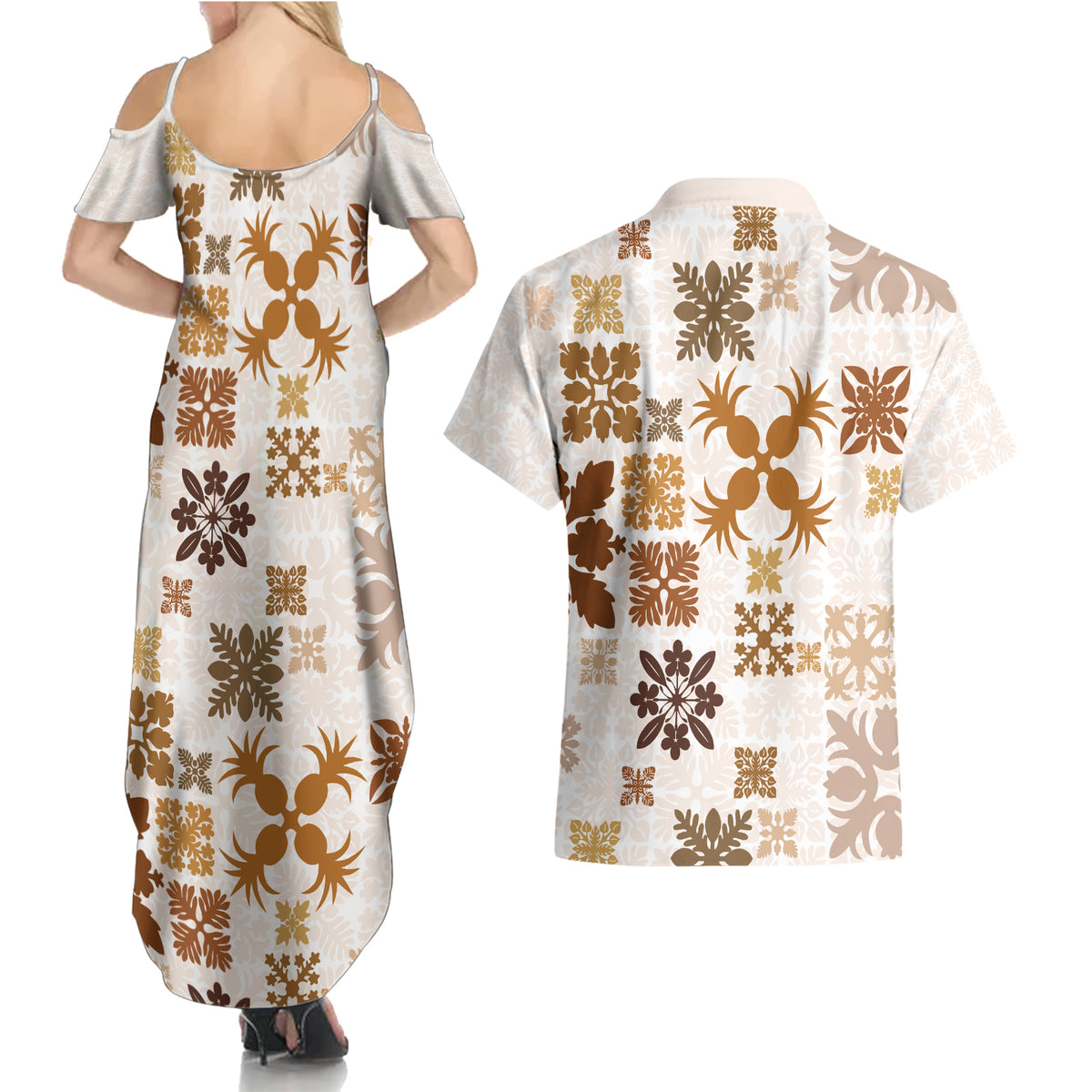 Vintage Hawaii Couples Matching Summer Maxi Dress and Hawaiian Shirt Hawaiian Quilt Kapa Mismatch Beige LT7 - Wonder Print Shop