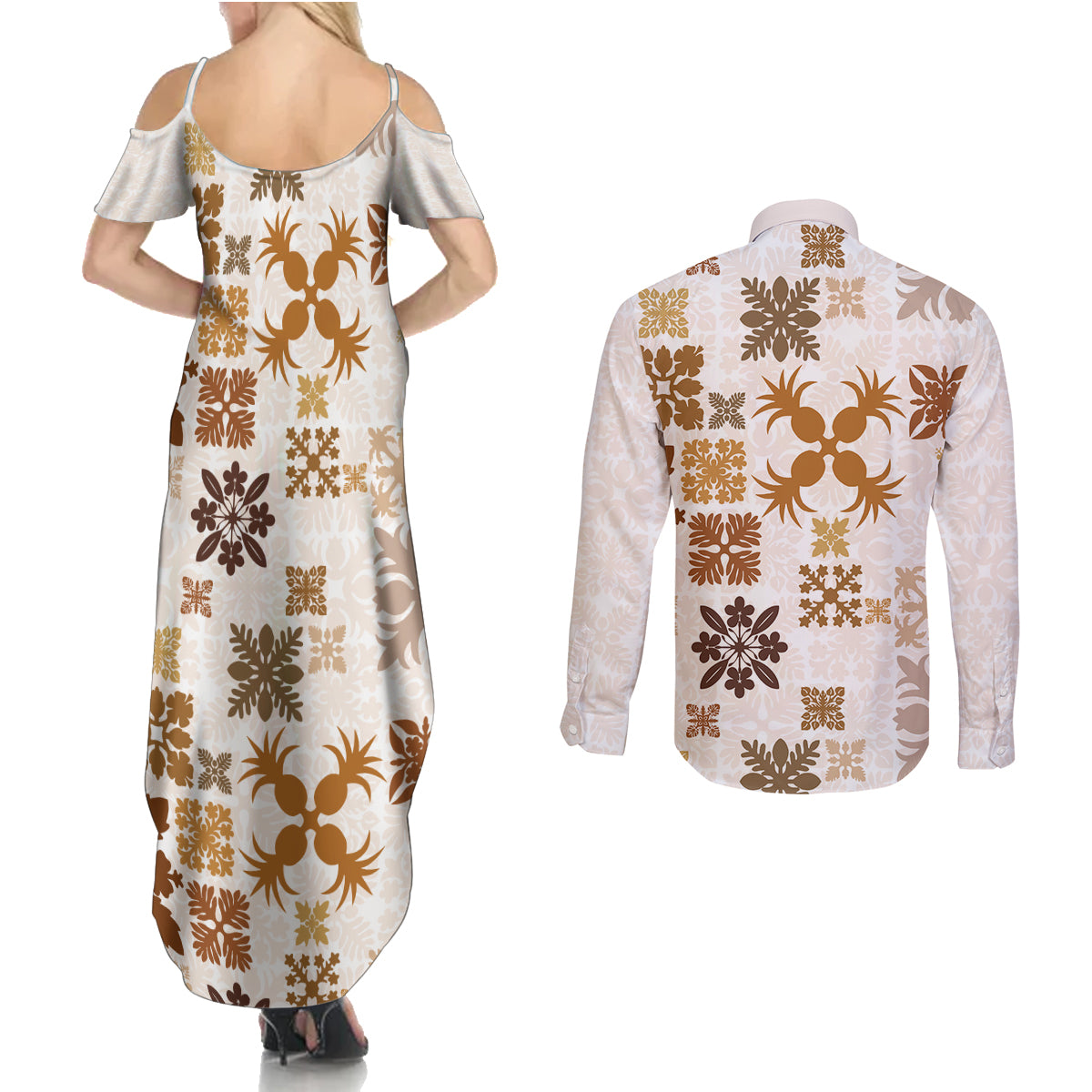 Vintage Hawaii Couples Matching Summer Maxi Dress and Long Sleeve Button Shirts Hawaiian Quilt Kapa Mismatch Beige LT7 - Wonder Print Shop