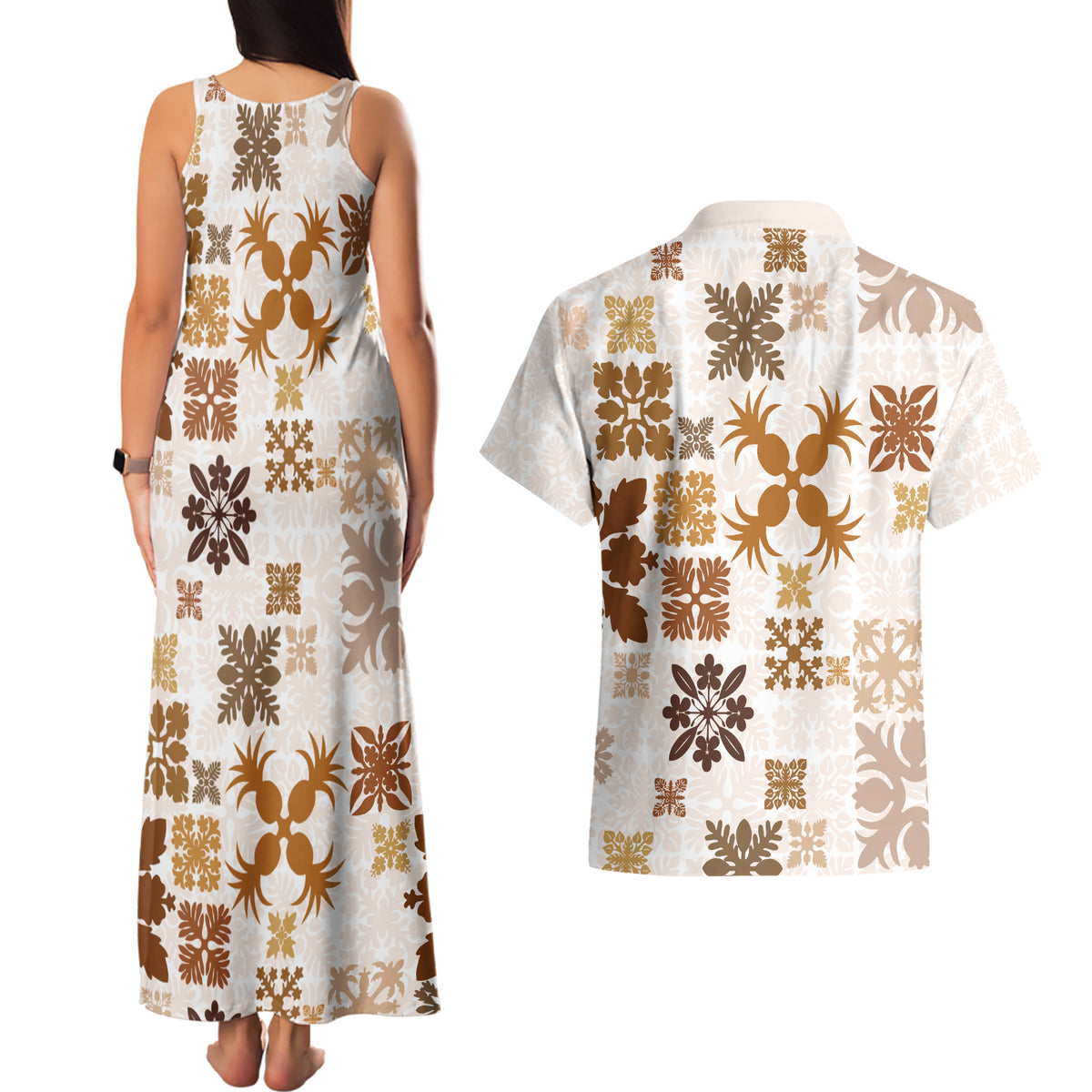 Vintage Hawaii Couples Matching Tank Maxi Dress and Hawaiian Shirt Hawaiian Quilt Kapa Mismatch Beige LT7 - Wonder Print Shop
