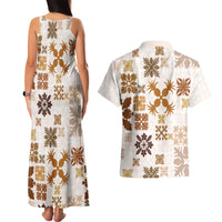 Vintage Hawaii Couples Matching Tank Maxi Dress and Hawaiian Shirt Hawaiian Quilt Kapa Mismatch Beige LT7 - Wonder Print Shop