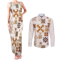 Vintage Hawaii Couples Matching Tank Maxi Dress and Long Sleeve Button Shirts Hawaiian Quilt Kapa Mismatch Beige LT7 - Wonder Print Shop