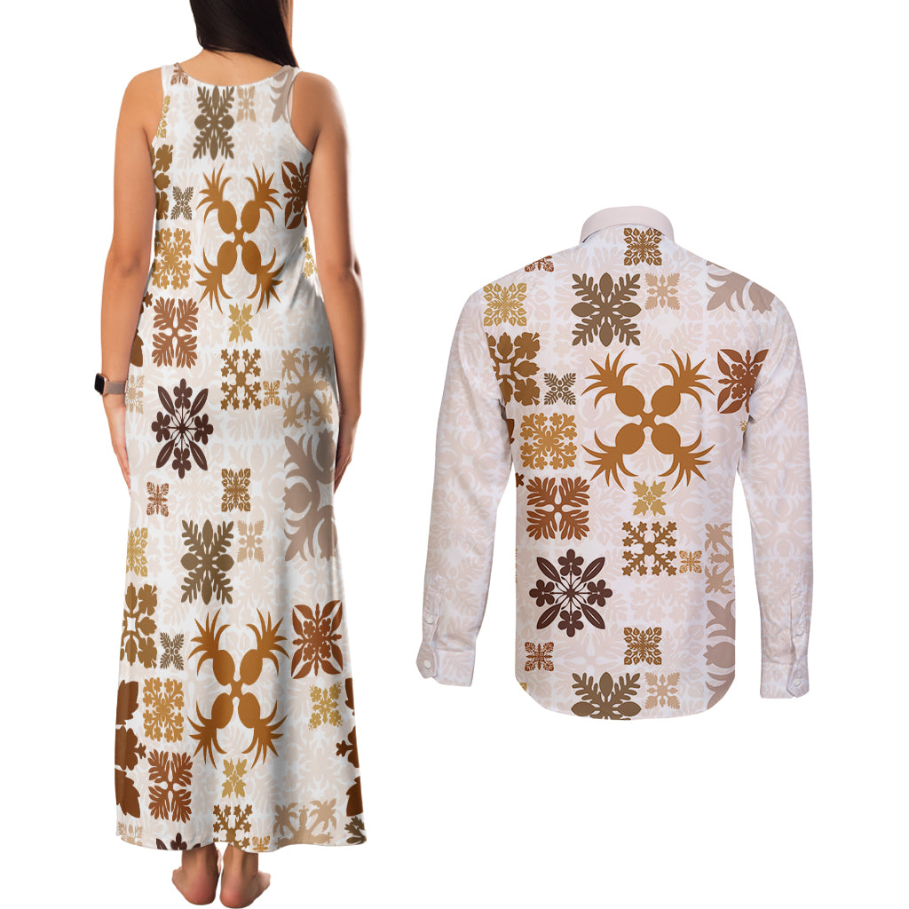 Vintage Hawaii Couples Matching Tank Maxi Dress and Long Sleeve Button Shirts Hawaiian Quilt Kapa Mismatch Beige LT7 - Wonder Print Shop