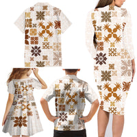 Vintage Hawaii Family Matching Long Sleeve Bodycon Dress and Hawaiian Shirt Hawaiian Quilt Kapa Mismatch Beige LT7 - Wonder Print Shop