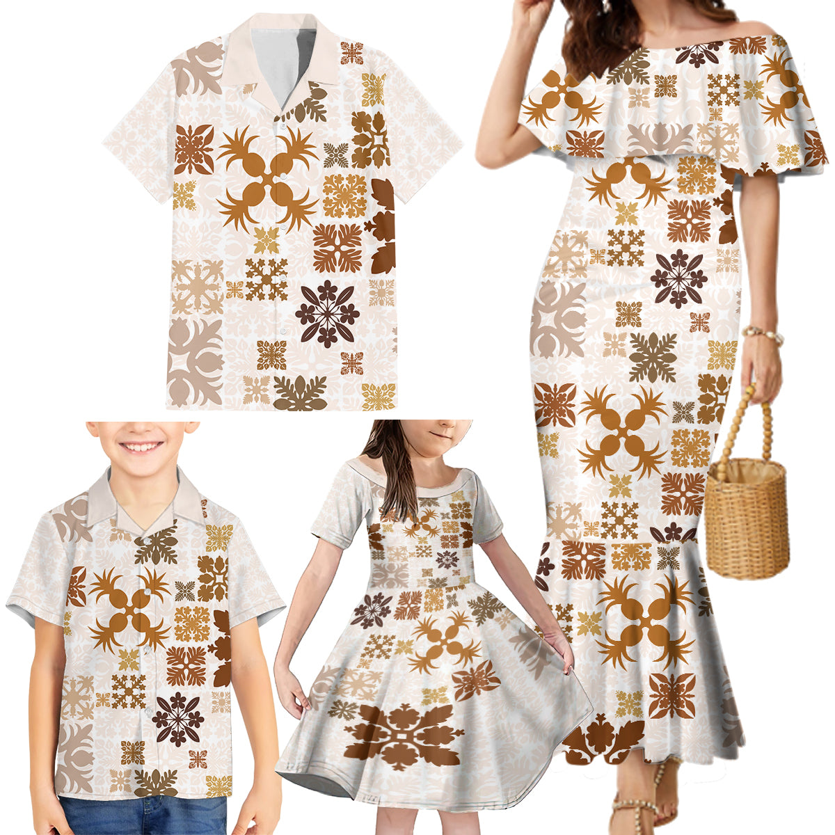 Vintage Hawaii Family Matching Mermaid Dress and Hawaiian Shirt Hawaiian Quilt Kapa Mismatch Beige LT7 - Wonder Print Shop