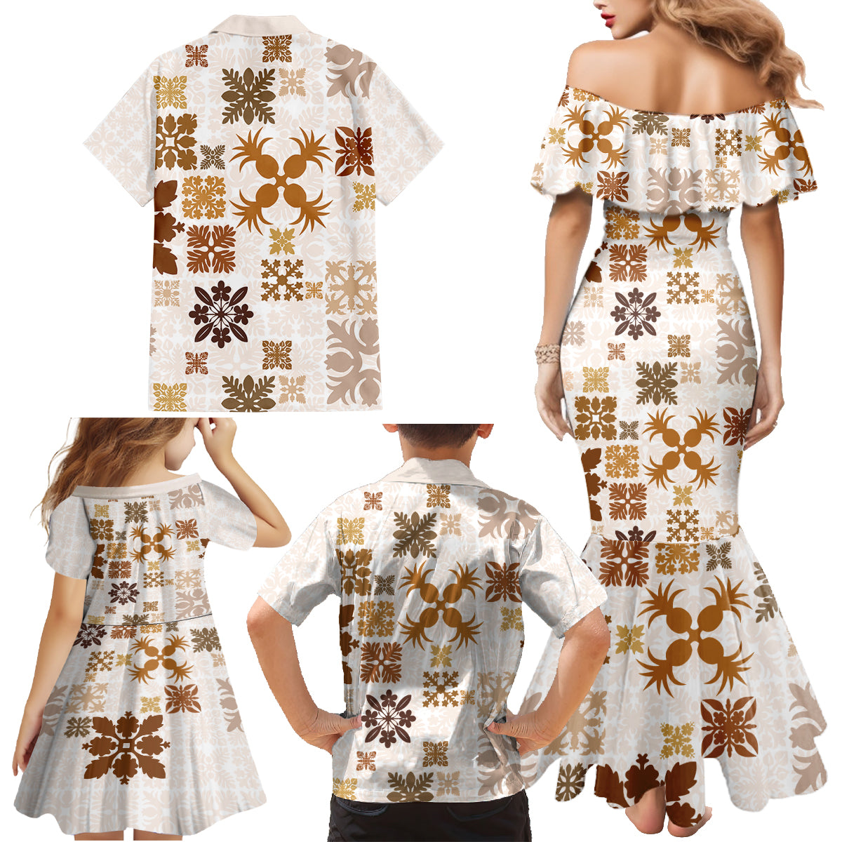 Vintage Hawaii Family Matching Mermaid Dress and Hawaiian Shirt Hawaiian Quilt Kapa Mismatch Beige LT7 - Wonder Print Shop