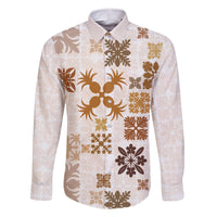 Vintage Hawaii Family Matching Off Shoulder Long Sleeve Dress and Hawaiian Shirt Hawaiian Quilt Kapa Mismatch Beige - Wonder Print Shop