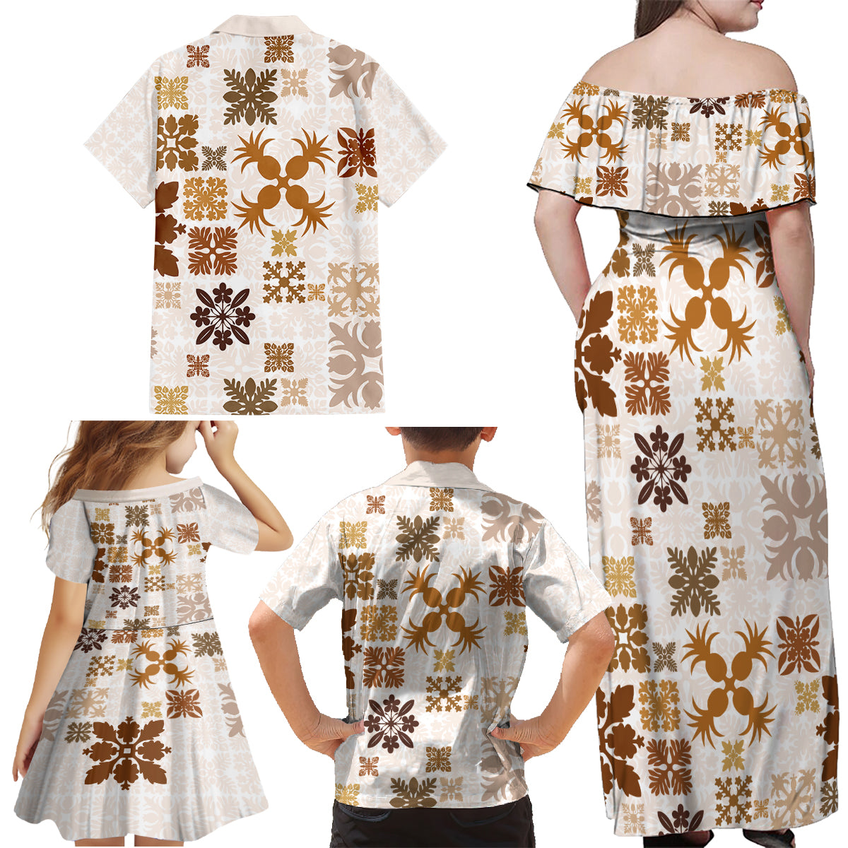 Vintage Hawaii Family Matching Off Shoulder Maxi Dress and Hawaiian Shirt Hawaiian Quilt Kapa Mismatch Beige LT7 - Wonder Print Shop