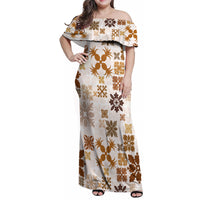 Vintage Hawaii Family Matching Off Shoulder Maxi Dress and Hawaiian Shirt Hawaiian Quilt Kapa Mismatch Beige LT7 - Wonder Print Shop