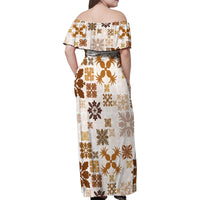 Vintage Hawaii Family Matching Off Shoulder Maxi Dress and Hawaiian Shirt Hawaiian Quilt Kapa Mismatch Beige LT7 - Wonder Print Shop