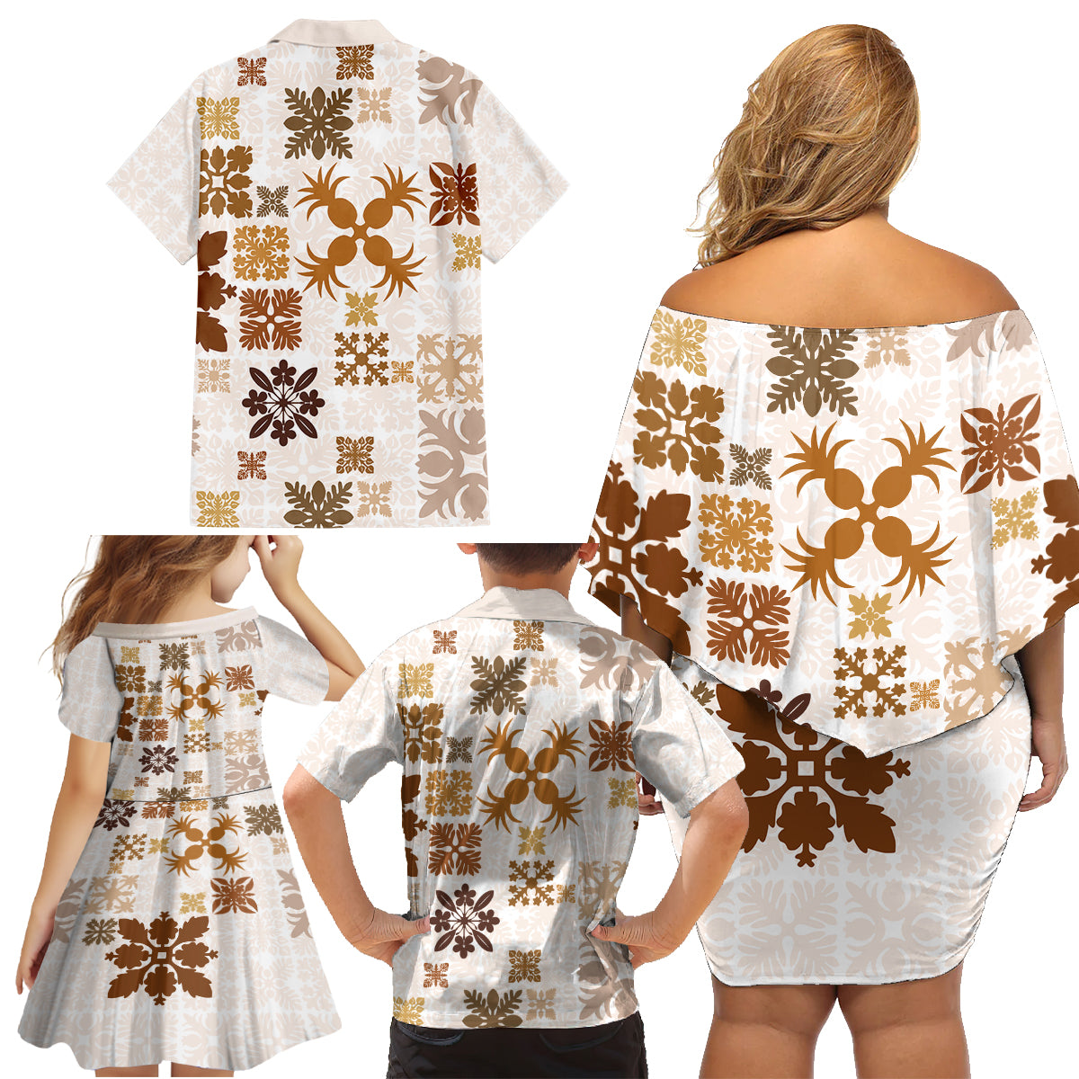 Vintage Hawaii Family Matching Off Shoulder Short Dress and Hawaiian Shirt Hawaiian Quilt Kapa Mismatch Beige LT7 - Wonder Print Shop