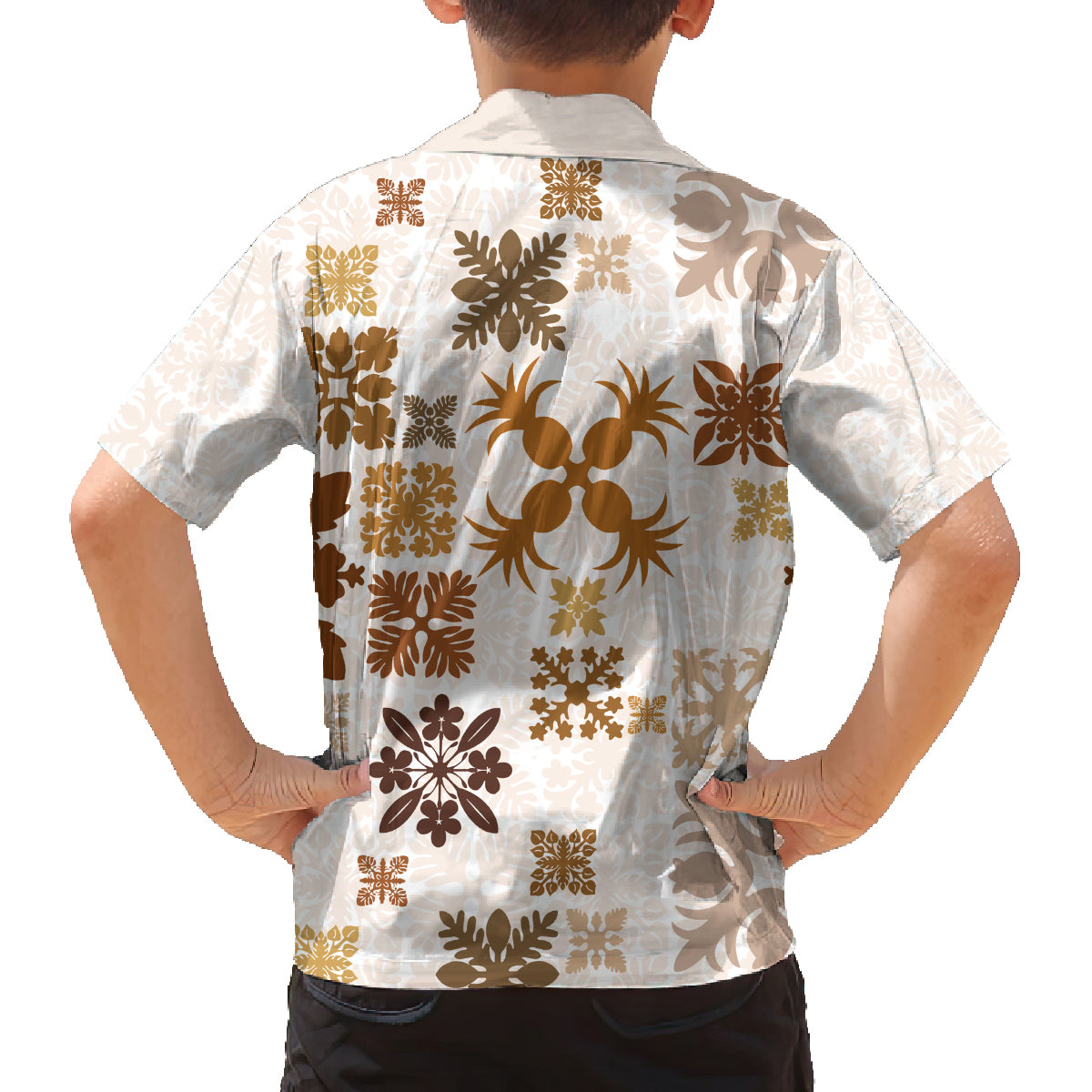 Vintage Hawaii Family Matching Puletasi Dress and Hawaiian Shirt Hawaiian Quilt Kapa Mismatch Beige - Wonder Print Shop