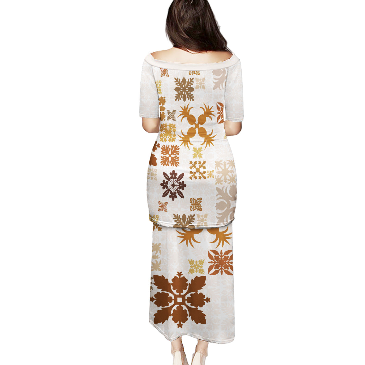 Vintage Hawaii Family Matching Puletasi Dress and Hawaiian Shirt Hawaiian Quilt Kapa Mismatch Beige - Wonder Print Shop