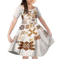 Vintage Hawaii Family Matching Short Sleeve Bodycon Dress and Hawaiian Shirt Hawaiian Quilt Kapa Mismatch Beige - Wonder Print Shop